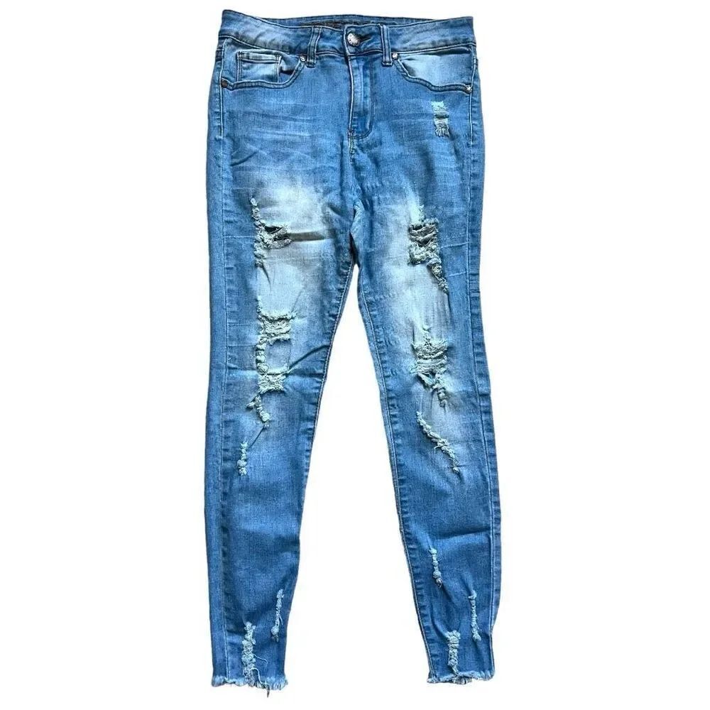Womens Street Denim VIP Ripped Medium Washed Distressed Raw Hem Jeans - Sz 7/8